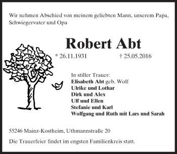 Traueranzeige von Robert Abt von  Allgemeine Zeitung Mainz Traueranzeige von Robert Abt von  Allgemeine Zeitung Mainz