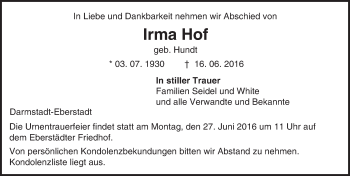 Traueranzeige von Irma Hof von Trauerportal Echo Online
