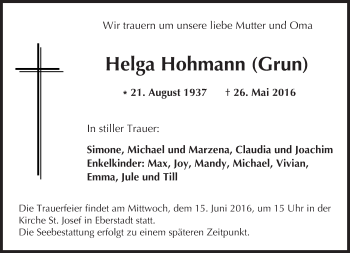 Traueranzeige von Helga Hohmann von Trauerportal Echo Online