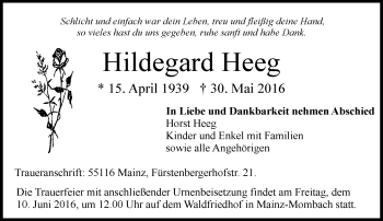 Traueranzeige von Hildegard Heeg von  Allgemeine Zeitung Mainz
