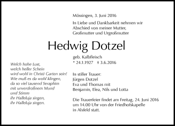 Traueranzeige von Hedwig Dotzel von VRM Trauer