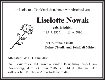 Traueranzeige von Liselotte Nowak von  Kreisanzeiger