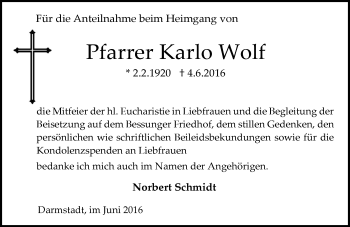 Traueranzeige von Karlo Wolf von Trauerportal Echo Online