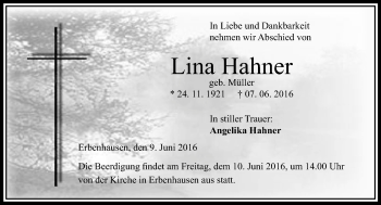 Traueranzeige von Lina Hahner von VRM Trauer