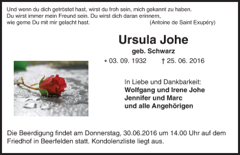 Traueranzeige von Ursula Johe von Trauerportal Echo Online