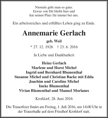 Traueranzeige von Annemarie Gerlach von  Gießener Anzeiger