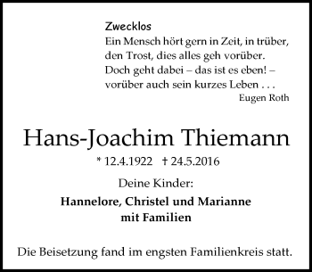 Traueranzeige von Hans-Joachim Thiemann von Trauerportal Echo Online