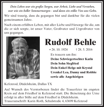 Traueranzeige von Rudolf Behle von  Kreisanzeiger