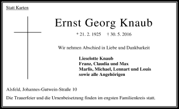 Traueranzeige von Ernst Georg Knaub von VRM Trauer