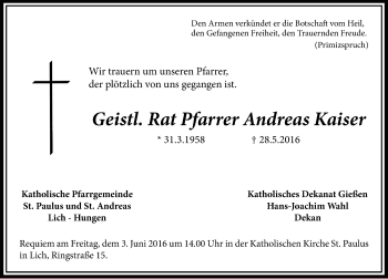 Traueranzeige von Andreas Kaiser von  Gießener Anzeiger