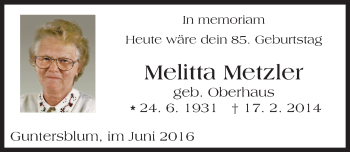 Traueranzeige von Melitta Metzler von Trauerportal Rhein Main Presse