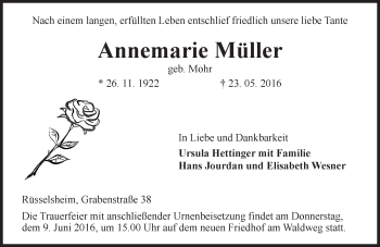 Traueranzeige von Annemarie Müller von  Mainspitze