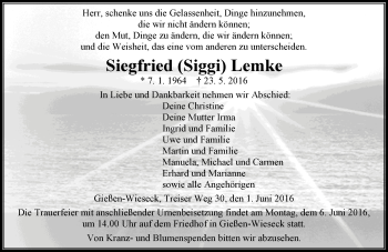 Traueranzeige von Siegfried  Lemke von  Gießener Anzeiger