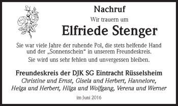 Traueranzeige von Elfriede Stenger von  Mainspitze