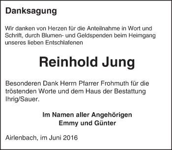 Traueranzeige von Reinhold Jung von Trauerportal Echo Online