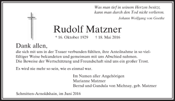 Traueranzeige von Rudolf Matzner von  Usinger Anzeiger