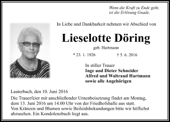 Traueranzeige von Lieselotte Döring von VRM Trauer