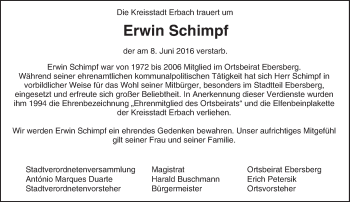 Traueranzeige von Erwin Schimpf von Trauerportal Echo Online