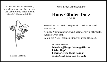Traueranzeige von Hans Günter Datz von  Allgemeine Zeitung Mainz Traueranzeige von Hans Günter Datz von  Allgemeine Zeitung Mainz