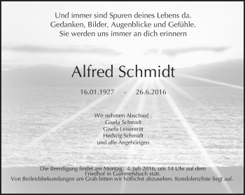 Traueranzeige von Alfred Schmidt von Trauerportal Echo Online
