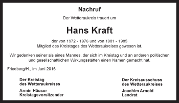 Traueranzeige von Hans Kraft von  Kreisanzeiger