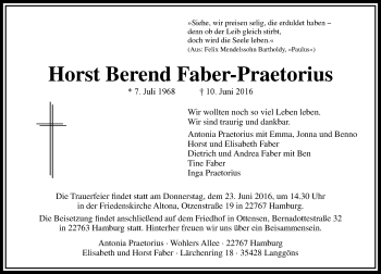 Traueranzeige von Horst Berend Faber-Praetorius von  Gießener Anzeiger