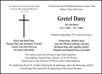 Traueranzeige von Gretel Dany von  Wormser Zeitung