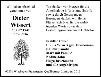Traueranzeige von Dieter Wissert von Trauerportal Rhein Main Presse