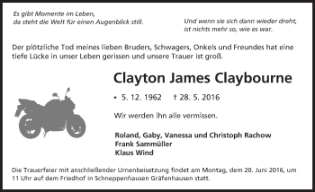 Traueranzeige von Clayton James Claybourne von Trauerportal Echo Online