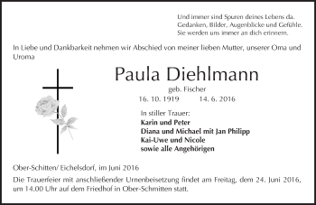 Traueranzeige von Paula Diehlmann von  Kreisanzeiger