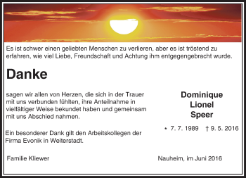 Traueranzeige von Dominique Lionel Speer von Trauerportal Echo Online