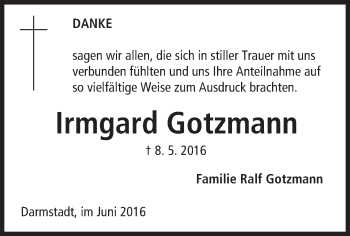 Traueranzeige von Irmgard Gotzmann von Trauerportal Echo Online