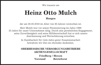Traueranzeige von Heinz Otto Mulch von  Gießener Anzeiger