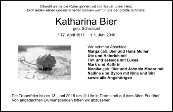 Traueranzeige von Katharina Bier von Trauerportal Echo Online