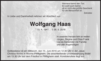 Traueranzeige von Wolfgang Haas von  Wormser Zeitung