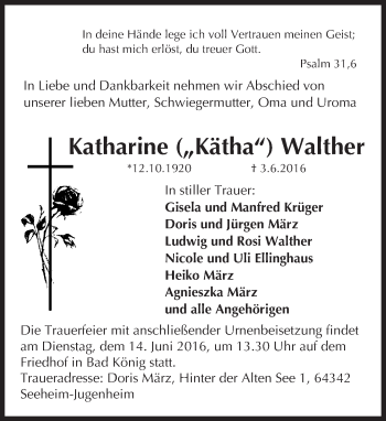 Traueranzeige von Katharine Walther von Trauerportal Echo Online