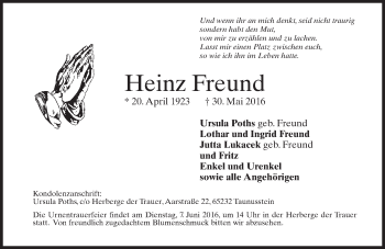 Traueranzeige von Heinz Freund von  Wiesbaden komplett