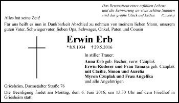 Traueranzeige von Erwin Erb von Trauerportal Echo Online