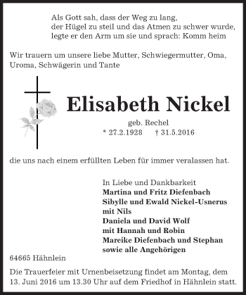 Traueranzeige von Elisabeth Nickel von Trauerportal Echo Online
