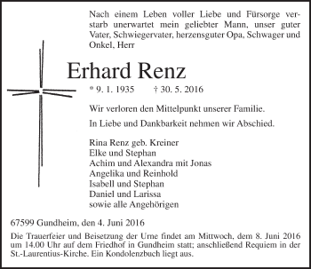 Traueranzeige von Erhard Renz von  Wormser Zeitung