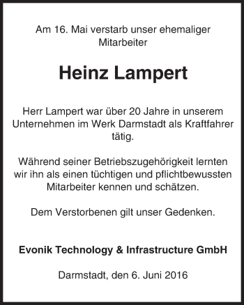 Traueranzeige von Heinz Lampert von Trauerportal Echo Online