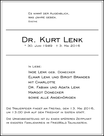 Traueranzeige von Kurt Lenk von  Idsteiner Zeitung