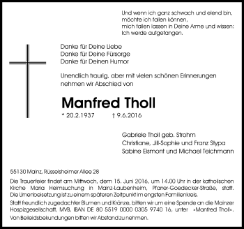 Traueranzeige von Manfred Tholl von  Allgemeine Zeitung Mainz Traueranzeige von Manfred Tholl von  Allgemeine Zeitung Mainz