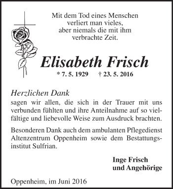 Traueranzeige von Elisabeth Frisch von Trauerportal Rhein Main Presse
