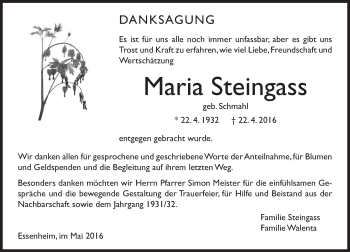 Traueranzeige von Maria Steingass von  Allgemeine Zeitung Mainz
