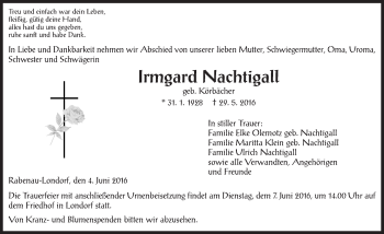 Traueranzeige von Irmgard Nachtigall von  Gießener Anzeiger