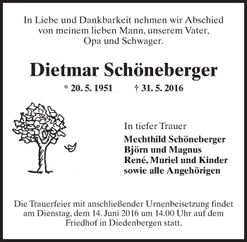 Traueranzeige von Dietmar Schöneberger von  Hofheimer Zeitung