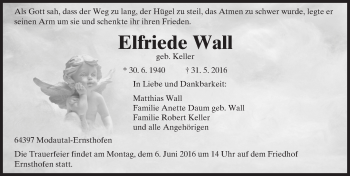 Traueranzeige von Elfriede Wall von Trauerportal Echo Online