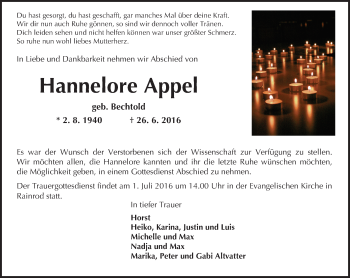 Traueranzeige von Hannelore Appel von  Kreisanzeiger