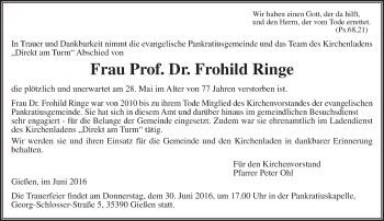 Traueranzeige von Frohild Ringe von  Gießener Anzeiger